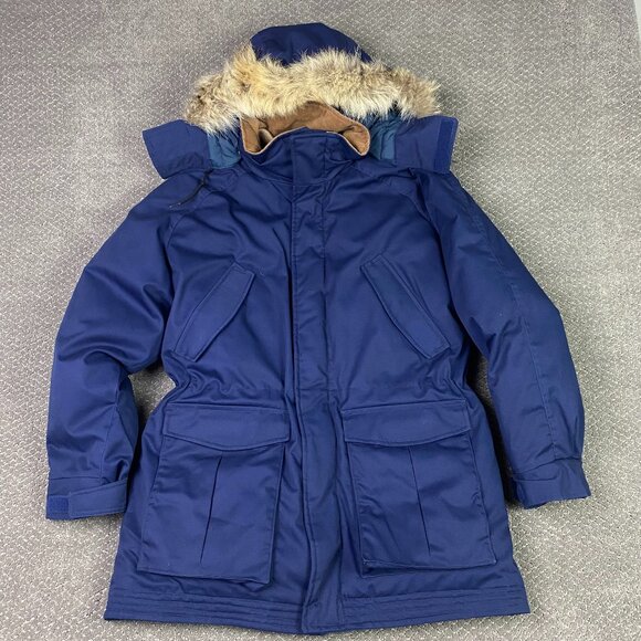 Vintage Sears Parka Jacket Men's Medium Blue Duck Down Puffer Faux Fur Hood - Picture 1 of 11